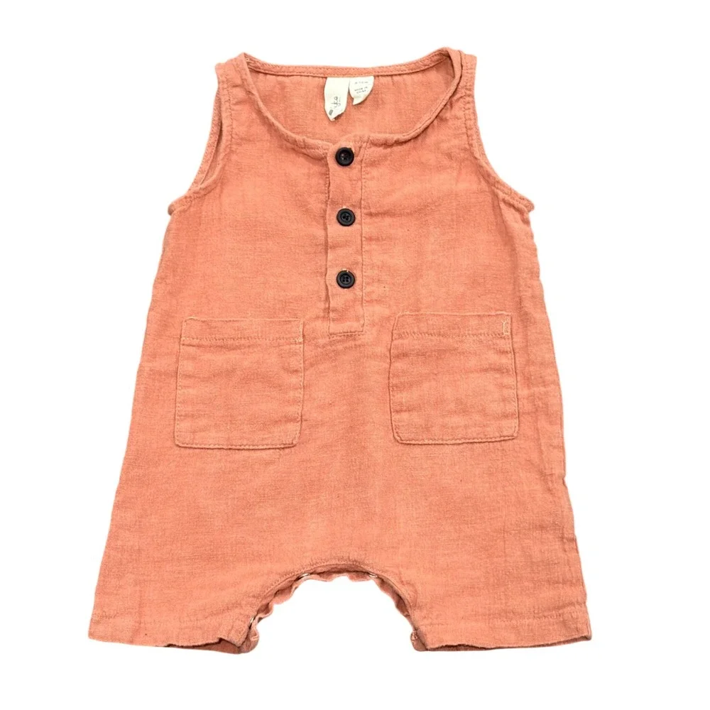 Kyte Baby Romper 6-12m Terracotta Orange Linen Cotton Henley Sleeveless Pocket